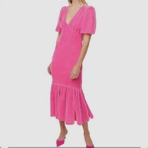 RHODE Pink Puff-Sleeve Ruffle-Hem Midi Dress Size 14